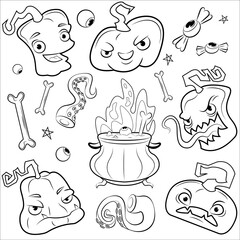 Set of linear Halloween icons with pumpkins, bones, eyes, candies.