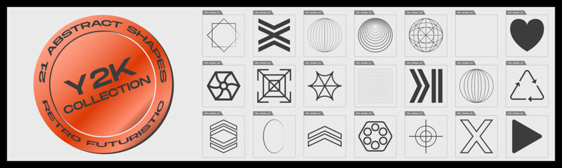 Retrofuturistic y2k geometry design elements collection. Collection of abstract graphic geometric symbols. Abstract bauhaus and boho cosmic style.
