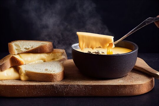 Pieces of fried white bread are dipped in hot cheese fondue 3d illustration