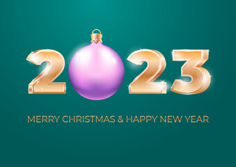 Merry Christmas and Happy New Year 2023 vector template. Gold 3D numbers and lavender Christmas ball on a teal background. Vector 10 EPS.