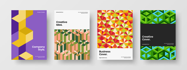 Fresh geometric hexagons corporate identity layout bundle. Colorful magazine cover A4 design vector illustration set.