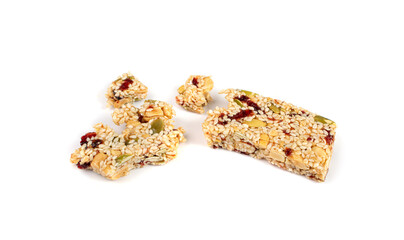 Broken Sesame Snack with Nuts Isolated. Muesli Snack, Protein Candy, Fitness Fruit and Nut Mix