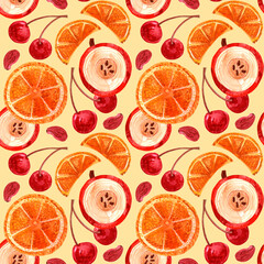 Watercolor seamless pattern with cherry, apple, orange and spices. Berries and fruits. Illustration of mulled wine on a white background for printing on packaging and fabric.