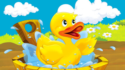 cartoon farm scene with duck bird illustration