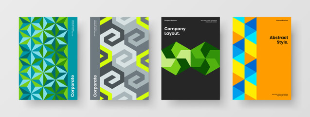 Bright corporate cover A4 vector design concept composition. Unique geometric hexagons placard layout set.