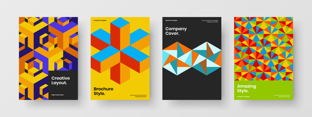 Amazing company cover A4 design vector concept composition. Vivid mosaic hexagons postcard template collection.
