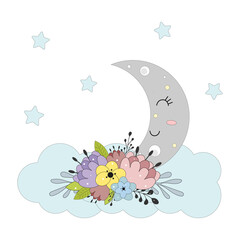 The moon sleeps in clouds surrounded by stars and flowers.