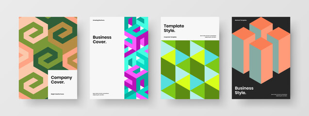 Multicolored geometric pattern postcard illustration set. Trendy flyer vector design layout bundle.