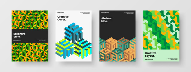 Premium magazine cover A4 design vector concept set. Creative mosaic hexagons company brochure illustration composition.