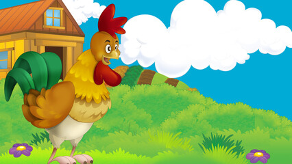 Obraz na płótnie Canvas cartoon farm scene with chicken rooster bird