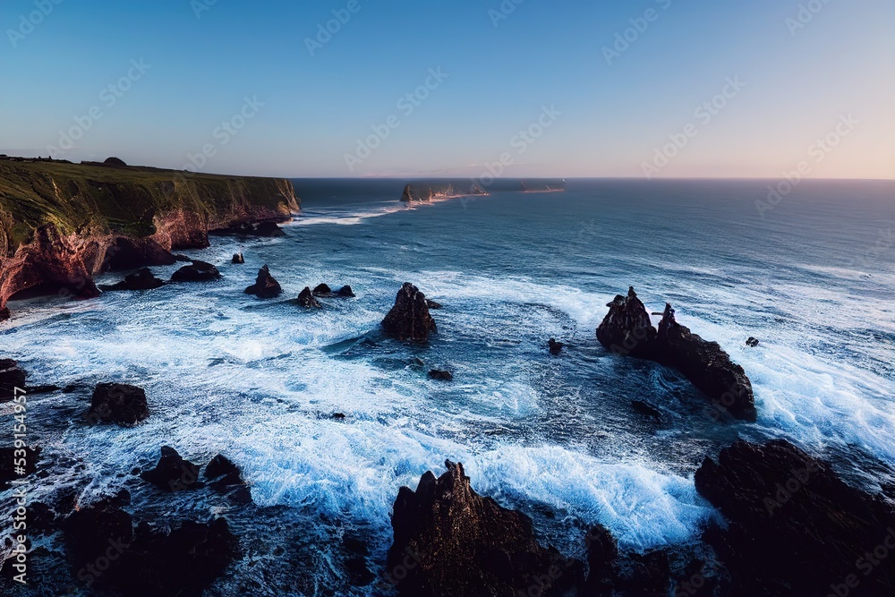 Poster The ocean waves in the bay crash on sharp rocks forming white foam. 3D illustration