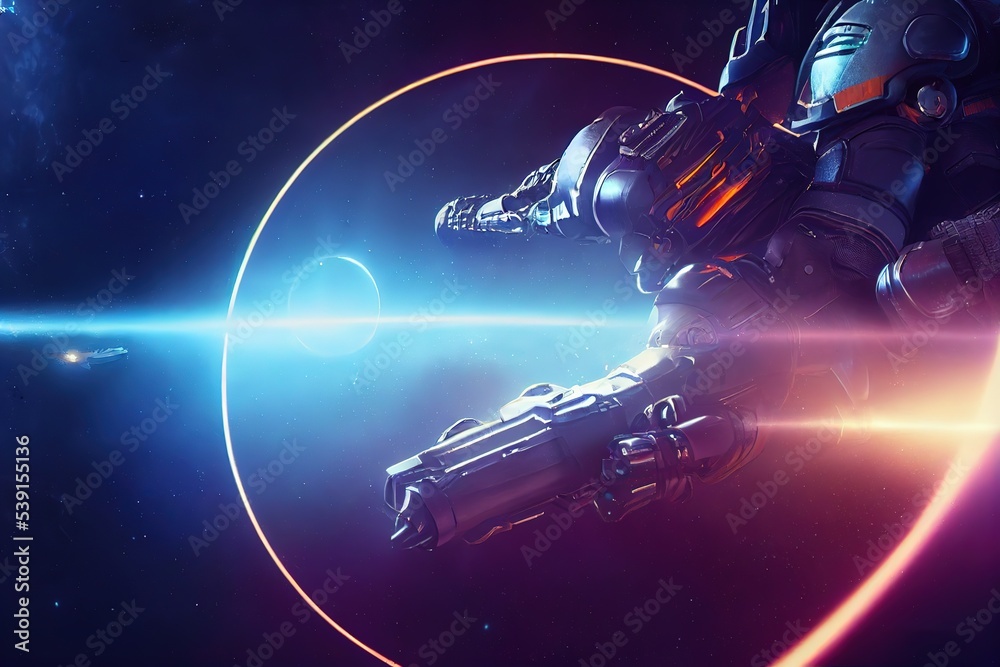 Poster In deep space, one spaceship is chasing another. 3D rendering
