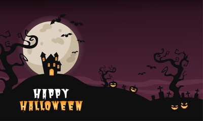 Happy Halloween Background with Pumpkin Halloween Jack O lantern, Witch Castle, and dark Purple color. Suitable to use on Halloween event. Also suitable for uploading social media at Halloween event