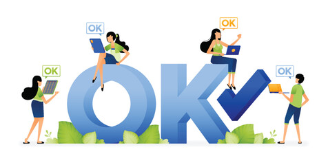 Illustration of people agreeing with each other in an ongoing discussion. 3d text of ok. Designed for website, landing page, flyer, banner, apps, brochure, startup media company