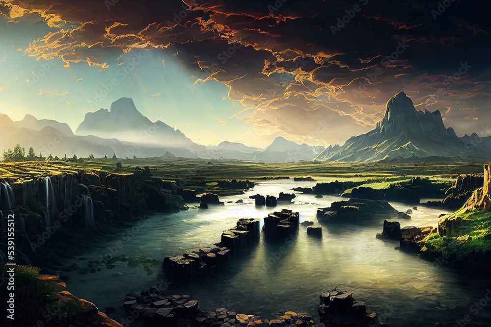Poster mountain rivers flow into the valley to form a lake. 3d rendering