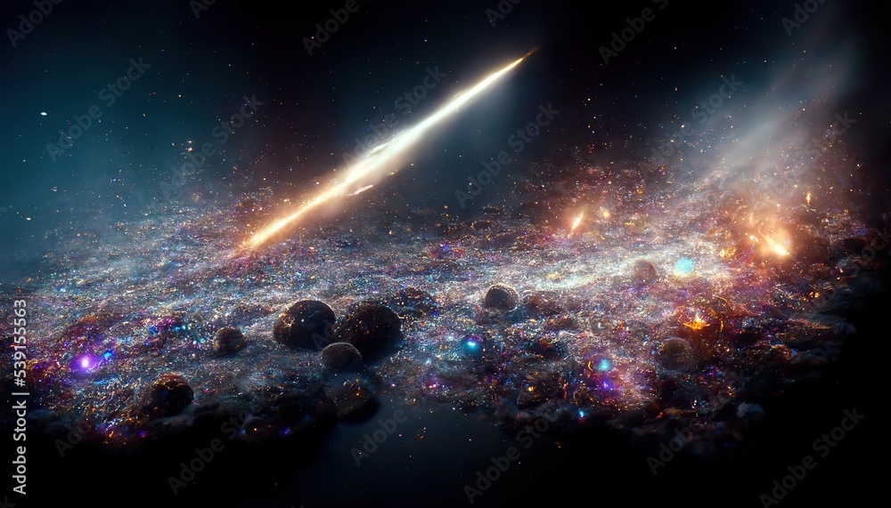 Aufkleber among the celestial bodies of the starry cosmos, a trace of a comet can be seen. 3d rendering