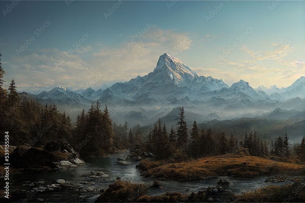 Poster mountain river flows right to the foot of the mountain. 3d rendering