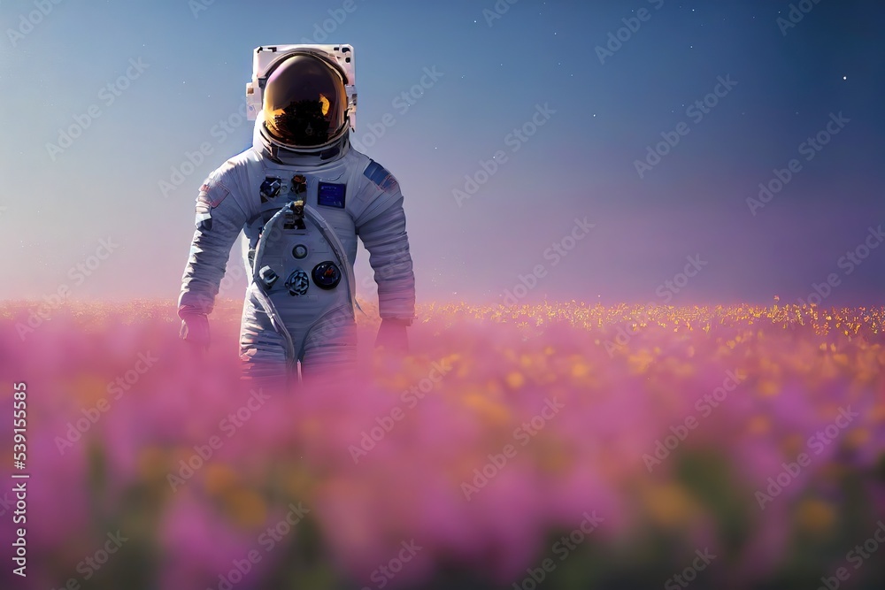 Poster The silhouette of a man can be seen in the middle of the flower field. 3D rendering