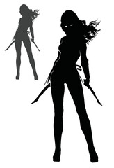 The silhouette of a beautiful girl with long hair, he stands gracefully with two paired combat knives ready for battle. 2d vector art