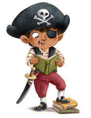 illustration of african american pirate boy reading a book