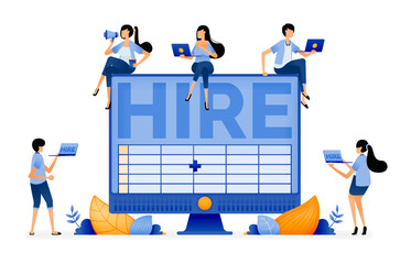 Illustration of job seekers looking for office and accounting vacancies with computer skills. Designed for website, landing page, flyer, banner, apps, brochure, startup media company