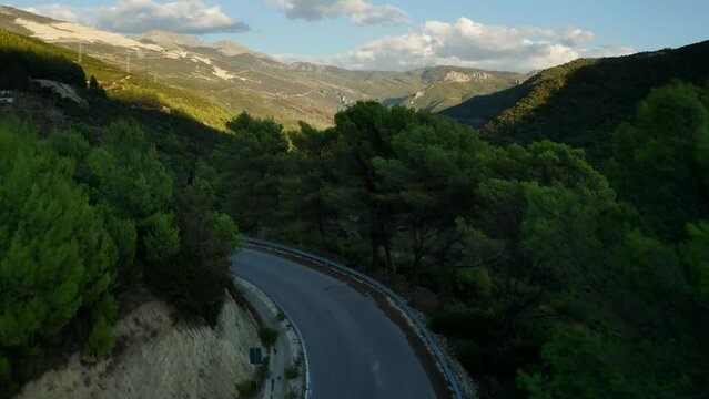 Aerial View of Albanian mountain valley in Qark Berat during sunset