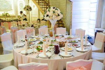 Decorated plate with fork and spoon. wedding Table restaurant