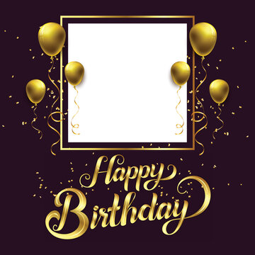 Beautiful happy birthday card with balloons and golden photo frame.