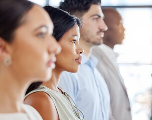 Profile, team and business woman in line or row in office standing or waiting for job interview. Side view, diversity and group, coworkers or people in company workplace for recruitment or hiring.