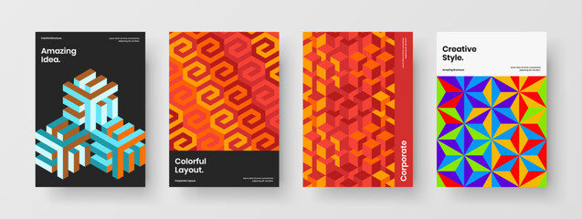 Fresh cover A4 design vector template collection. Multicolored geometric pattern booklet layout composition.