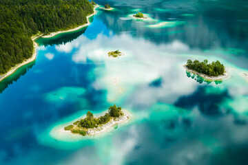Unique islands with trees on a lake, turquoise water and clouds reflect, aerial view. 
