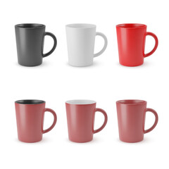 Illustration of Six Realistic Empty Ceramic Tea Mug. Mockup with Shadow Effect, and Copy Space for Your Design. For Web Design, and Printing on a White Background