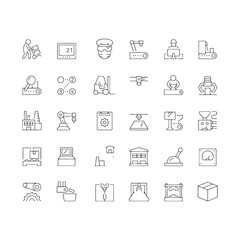 Simple Set of Mass Production Related Vector Line Icons. Contains such Icons as Industrial Oven, Robot Manipulator, Warehouse, Painting Bot and more. Editable Stroke. 48x48 Pixel Perfect.