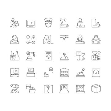 Simple Set of Mass Production Related Vector Line Icons. Contains such Icons as Industrial Oven, Robot Manipulator, Warehouse, Painting Bot and more. Editable Stroke. 48x48 Pixel Perfect.