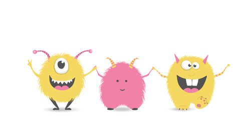 Vector illustration of funny and cute colorful monsters. Children's print isolated on a white background.
