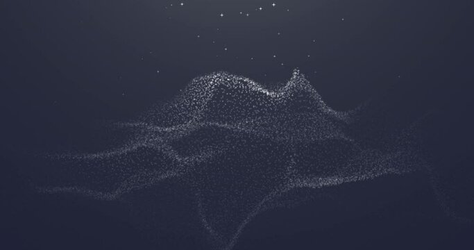 A shape-changing surface of white dots on a blue background. White particles falling from above. Abstract snow drifts.
