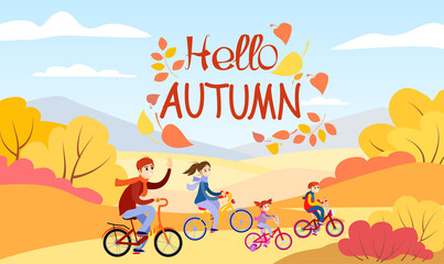 Hello, Autumn. Happy family ride r bikes in public park, red yellow trees and falling leaves. Healthy active lifestyle in autumn season background