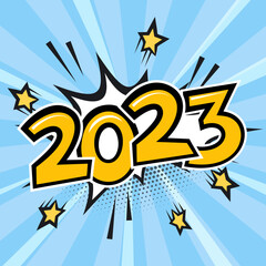 2023 Happy New Year and Merry Christmas comic text explosion or speech bubble. Vector illustration in retro pop art style for greeting cards, banners, posters, flyers and calendars