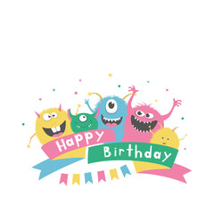 Group of cute colorful monsters. A child's picture. Greeting card. Happy Birthday.Vector illustration.