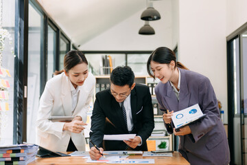 Creative managers crew working with new startup project in modern office. Team brainstorming..