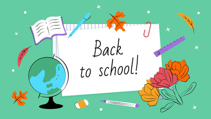 Welcome Back to school with school items and elements globe, pen, paper, notebook, book, eraser, pencil. Online education, home study. Vector illustration