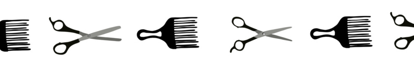 Professional hair scissors and comb border isolated on white background.Top view