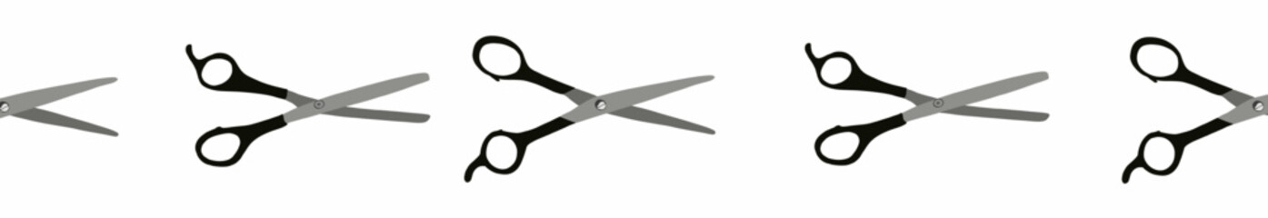 Professional hair scissors border isolated on white background.Top view