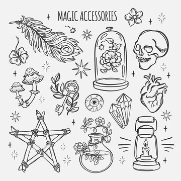 WITCHCRAFT SIGNS Love Magic Alchemic Monochrome Elements Astrology Esoteric Occult Doodle Sketch Hand Drawn Mystery Symbols For Demon Designers And Creatives
