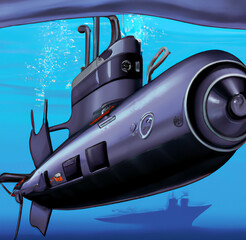 Illustration of a submarine floating underwater