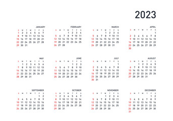 Vector calendar 2023 year. Week starts from Sunday
