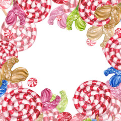 A frame made of Christmas candies. Watercolor illustration of lollipops, red, green, striped. Festive candies. The drawing is suitable for decoration, packaging, postcards, holidays.