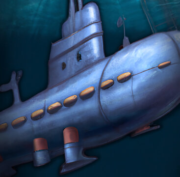 Illustration of a submarine floating underwater