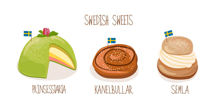 Swedish Sweets Prinsesstarta, Kanelbullar, Semla with Swedish Flags. Concept of Cozy Sweet Coffee Time. Scandinavian. Top view. Vector Illustration