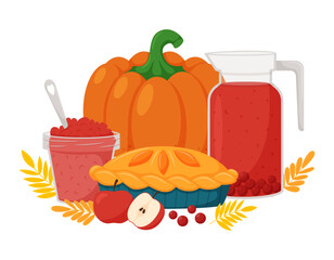 Pumpkin pie, cranberry compote and sauce. Thanksgiving symbols. Vector cartoon illustration for a Thanksgiving decoration or menu. Isolated on a white background